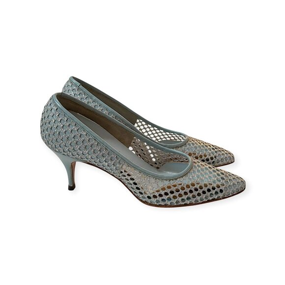 1960s Vintage Deadstock Joseph LaRose Mesh Kitten Heels  7 AA Blue Silver, USA - Picture 4 of 11